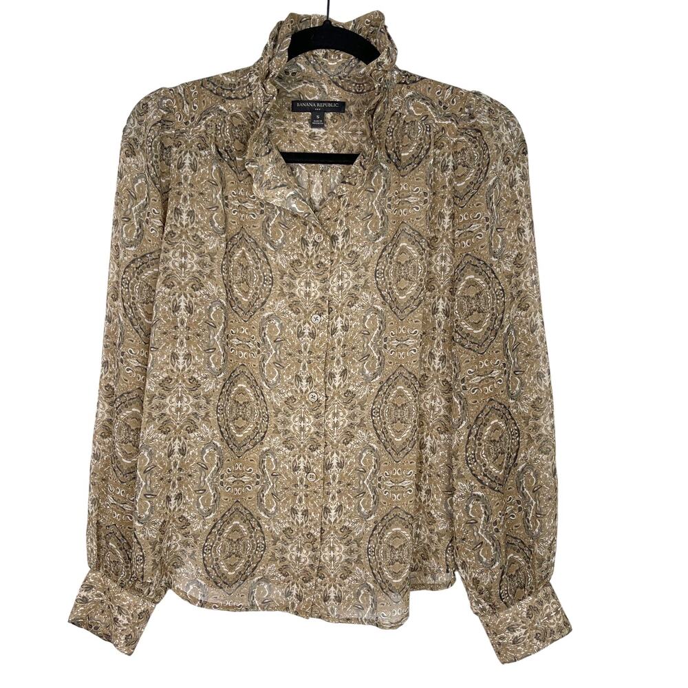 Banana Republic Women S OatMilk Brown Ruffle Neck Blouse Long Sleeve Sheer Print